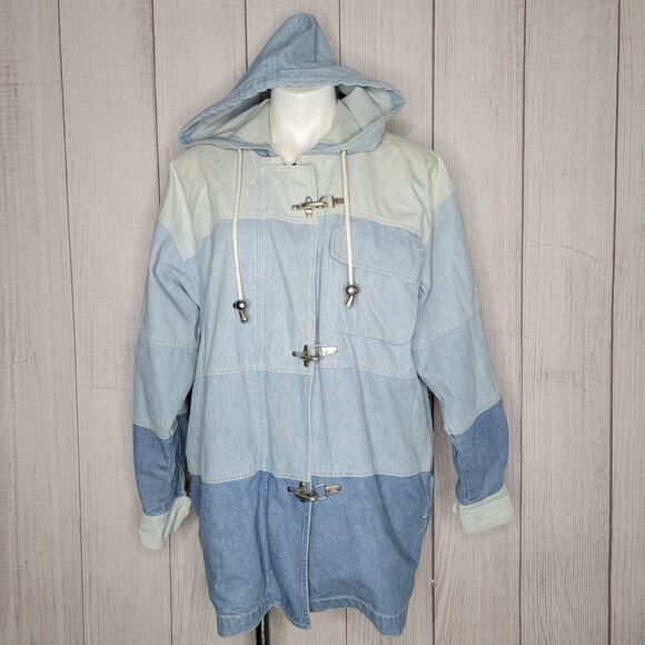 Striped Color block Zip And Shackle Hooded Oversized Denim Jacket Unisex Small - Picture 2 of 16